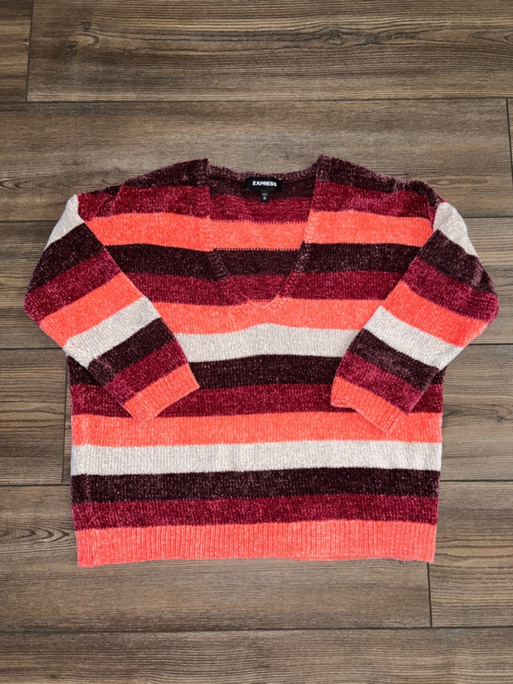 Express V-Neck Striped Sweater — Coral, Burgundy & Cream